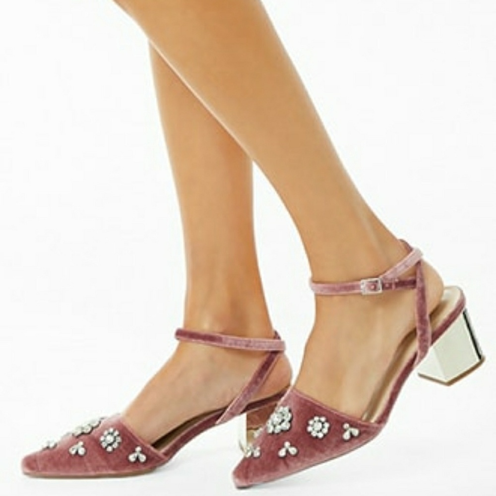 Embellished Velvet Block Heels